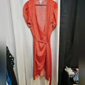 Plus Size Orange/Red Dress with Shoulder Pads & Rhinestone Belt -UK Sizing.